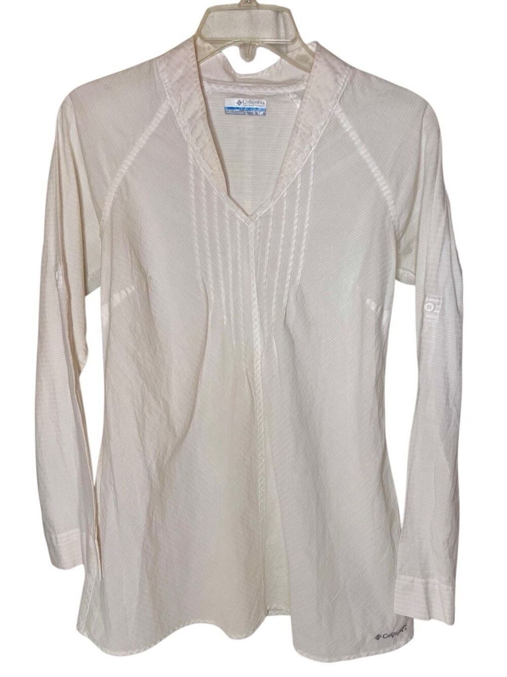 Columbia Top Women’s Roll Tab Sleeve Blouse V-Neck White Size S/P Cotton